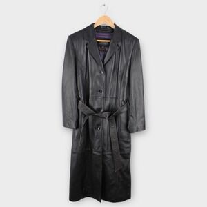 Vintage Wilsons Leather Black Leather Duster Trench Coat Belted Womens S Long